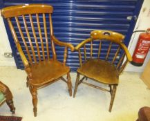A Victorian beech and elm slat back elbow chair and an elm seated spindle back chair