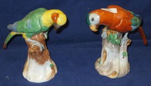 Two Dresden porcelain parrot figures, each raised on a naturalistic tree stump CONDITION REPORTS
