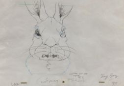 TONY GUY "Fighting Watership Down Rabbits", pencil sketch heightened in colour,