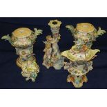 A pair of Meissen relief work decorated vase shaped lamp bases, a Dresden porcelain candlestick /