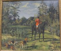 R J M DUPONT "Huntsman and hounds in a wooded landscape", oil on canvas,