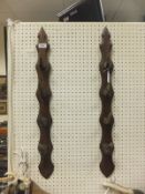 A two section antler mounted oak whip rack CONDITION REPORTS Whip rack has some