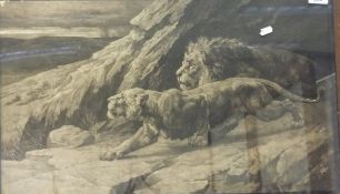 AFTER HERBERT DICKSEE (1862-1942) "Raiders", a lion and lioness emerging from a cave,