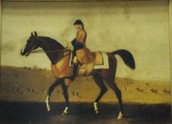 ENGLISH SCHOOL "Huntsman on bay horse", colour print,