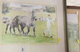 JANICE GORDON "Boy leading mare with foal", watercolour,