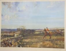 AFTER MICHAEL LYNE "Hunt and hounds jumping stone wall", colour print,