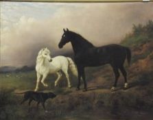 J TURNER "Horses and hound in a landscape with cattle and sheep in background", oil on canvas,
