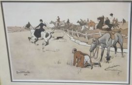 AFTER LIONEL EDWARDS "Hunt jumping fence with stream", colour print,
