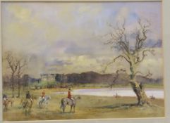 MICHAEL LYNE "Huntsman and hounds before a lake with country house in background",