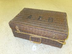 A wicker picnic hamper initialled "AEB" to top,