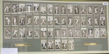 A framed and glazed set of 50 Ogden's cigarette cards featuring prominent cricketers of 1938