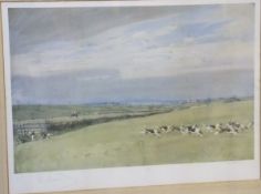 AFTER LIONEL EDWARDS "The Cottesmore", hunt and hounds in an extensive landscape,