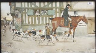 AFTER CECIL ALDIN "Huntsmen and hounds walking through village",