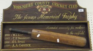 A Yorkshire County Cricket Club "The Jessop Memorial Trophy" mahogany plaque with applied miniature