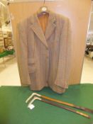 A Maple wool tweed hacking jacket, together with two antler handled metal ferruled riding crops,