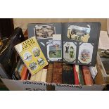 Two boxes containing a collection of books, stamps, etc, to include two albums of first day covers,