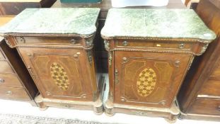 A pair of modern walnut side cabinets in the Louis XVI taste with parquetry inlaid decoration and