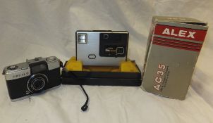 A box of compact cameras including Olympus Pen and Trip, Prinz GT7 Flashmatic,