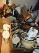 Three boxes of sundry china, glass and metal wares, etc to include a miniature samovar,