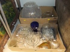 Two boxes of glassware, to include a collection of cut glass lustres, a hanging ceiling lustre,