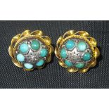 A pair of 18ct gold turquoise and diamond set earings of circular shield form