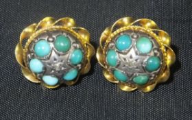 A pair of 18ct gold turquoise and diamond set earings of circular shield form