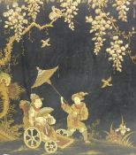 CHINESE SCHOOL - a pair of Chinese lacquered panels, one depicting figures by a river,