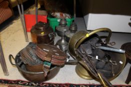 A brass coal scuttle and various fire irons, copper jam pan,