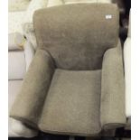 A modern speckled taupe upholstered scroll arm chair on square tapered legs