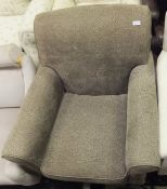 A modern speckled taupe upholstered scroll arm chair on square tapered legs