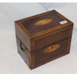 An early 19th Century mahogany and inlaid cased decanter box containing six gilt decorated square