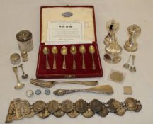 A box containing assorted silver and plated wares to include silver mounted cut glass dressing