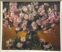 EDOARDO GIOJA (1862-1937) "Pink chrysanthemums in a green glass vase resting on an octagonal table,