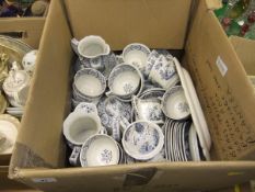 A box containing Furnivals and other "Old Chelsea" blue and white dinner wares,