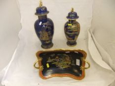 A blue Carlton Ware vase and cover decorated with "New Mikado" pattern No.