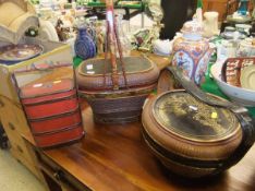 Three Chinese lacquered wedding boxes, a basket of various metal wares,