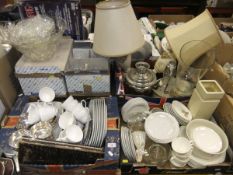 Six boxes of miscellaneous wares to include table lamps, white dinner wares, tea wares,