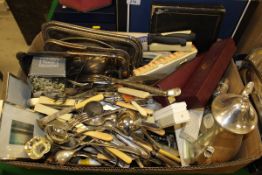 A box containing assorted plated wares, to include cutlery, swing handled tray, etc,