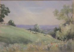 JANE LAMPARD "Landscape study of cattle on a hill with wild flowers in the foreground and trees and