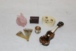 A miniature tortoiseshell and mother of pearl inlaid guitar ornament,