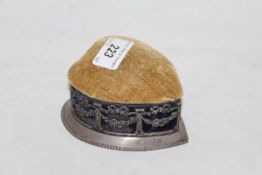 A late Victorian silver mounted heart shaped pin cushion / trinket box with pierced pillar,