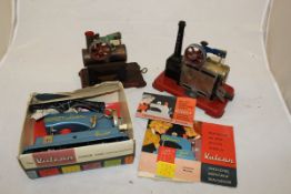 Two Mamod steam engines and a Vulcan Junior child's sewing machine (boxed)