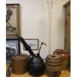 A late Victorian clear glass floor vase, stoneware egg crock, painted tin hat box, stoneware barrel,