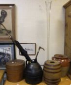 A late Victorian clear glass floor vase, stoneware egg crock, painted tin hat box, stoneware barrel,