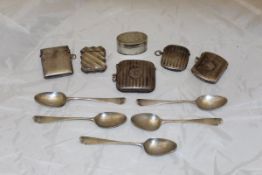 A collection of assorted silver vesta cases, teaspoons,