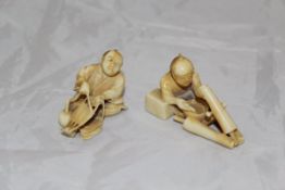 A Japanese carved ivory (possibly mammoth tusk) netsuke as a parasol maker and another depicting a