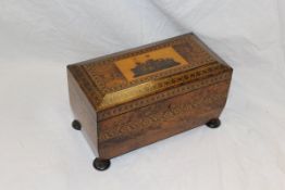 A 19th Century Tunbridgeware tea caddy of sarcophagus form,