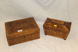 A 19th Century rosewood and marquetry inlaid sarcophagus shaped tea caddy,