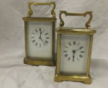 A circa 1900 brass cased carriage clock, the white enamel dial with Roman numerals,