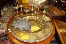 Two early 20th Century engraved and enamelled brass Benares type table tops,